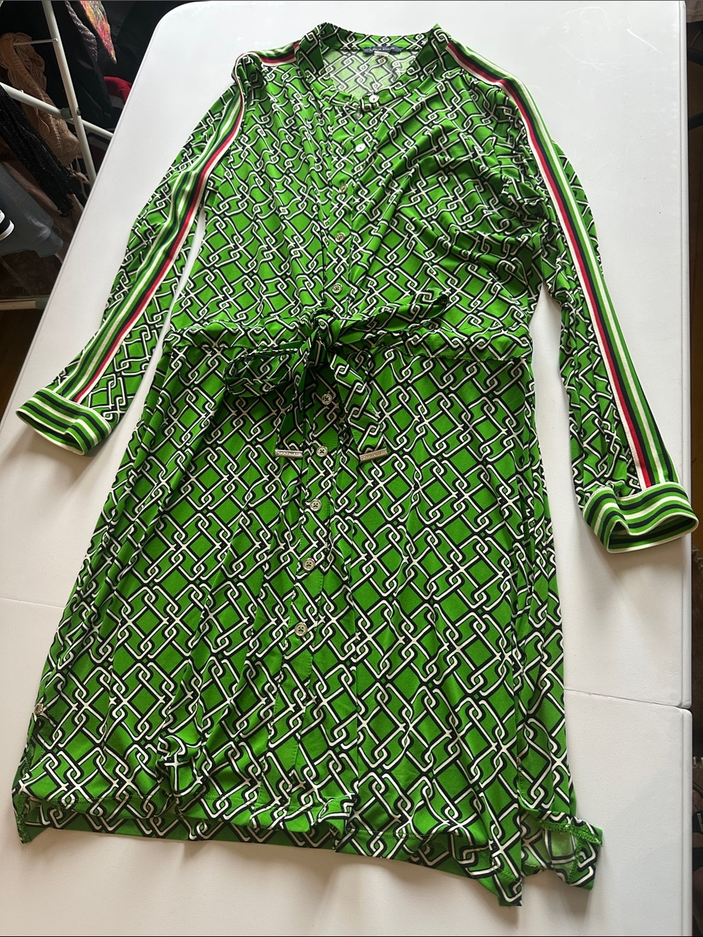 Tommy Hilfiger Green Geometric Tie-Waist Long Sleeve Dress with Stripe Sleeves